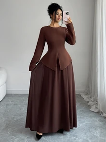 Elenzga Gaun Panjang Polos dengan Kelim Asimetris - Coklat - View 6