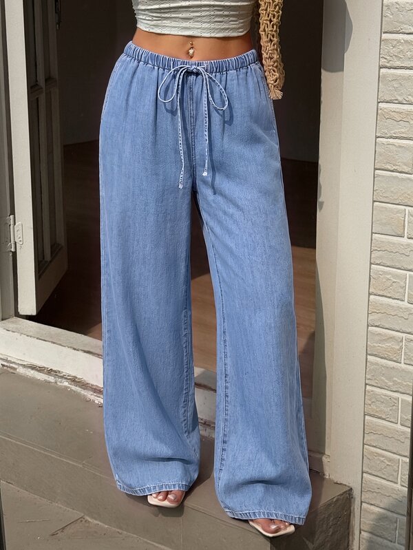 Sunnyshic Jeans de mujer de pierna ancha, cintura alta, elásticos, de color azul bebé, estilo casual Y2K para vacaciones de verano, playa y salidas