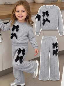 SHEIN Baby Girl Bow Front Sweatshirt & Seam Front Sweatpants Set - Grey - View 5