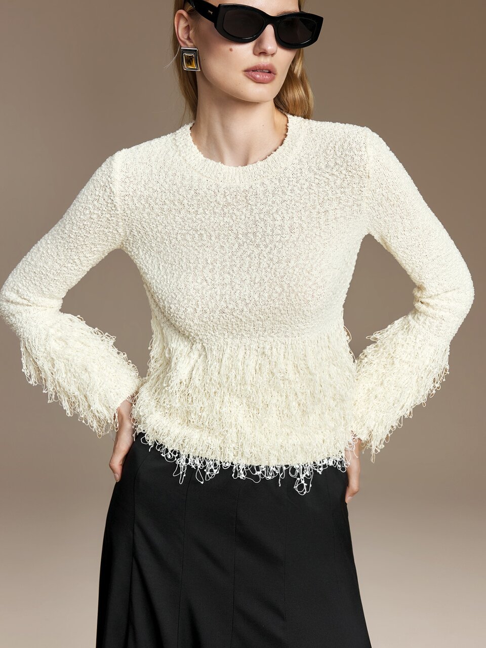 Solid Pointelle Knit Sweater Dinner Date Diner Off-White Autumn Elegant