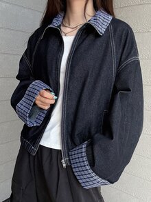 FRIFUL Plaid Print Drop Shoulder Zip Up Denim Jacket Everyday Going Out School Navy Blue And White Autumn Casual Streetwear Street - Blue - View 3