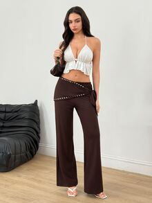 SHEIN Pearls Beaded Detail Wide Leg Pants - Brown - View 5