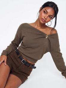 Avantive Solid Asymmetrical Neck Knit Top - Coffee Brown - View 7