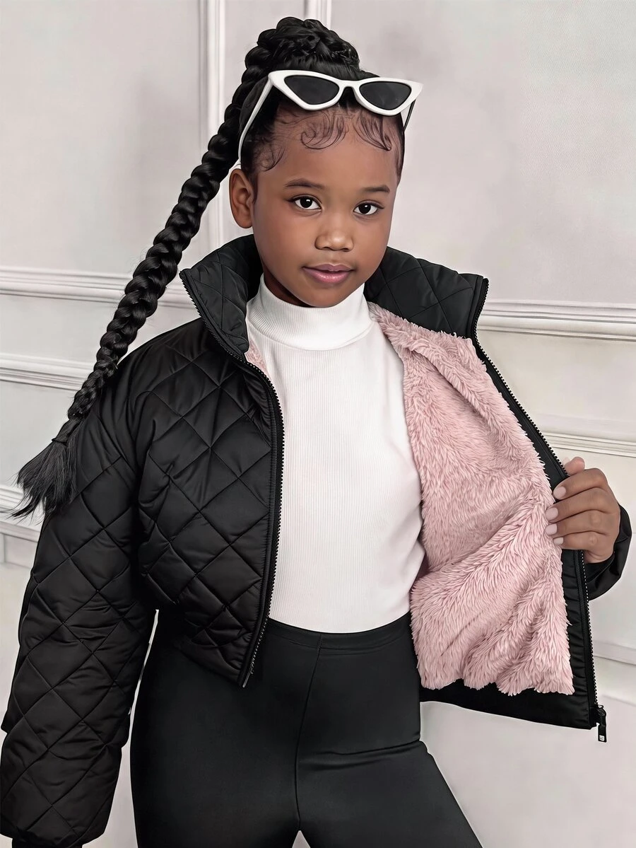SHEIN Tween Girl Zip Up Thermal Lined Crop Quilted Coat - Black - View 1