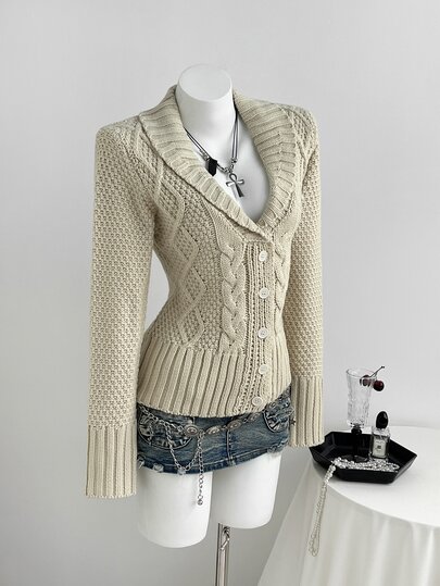 Elamini Cable Knit Shawl Collar Cardigan
