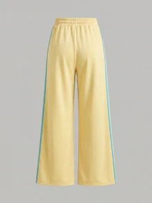 SHEIN Tween Girl Contrast Side Seam Drawstring Waist Wide Leg Pants - Multicolor - View 2