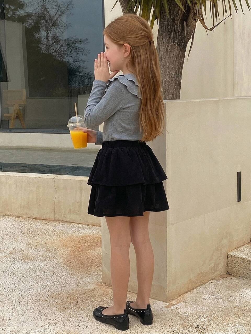 Tween Girl Bow Front Petal-Pan Collar Tee & Layer Hem Skirt Set Fall