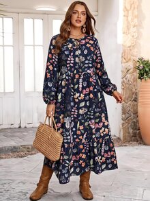 EMERY ROSE 大尺碼花卉印花燈籠袖挖空領繫帶荷葉邊洋裝 - 藍色 - 查看 3