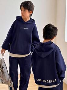SHEIN Tween Boys Autumn Hoodie & Kids Sweatshirt Co-Ords - Navy Blue - View 5