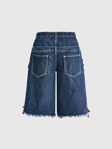 ROMWE Avant Plus Letter Graphic Ripped Raw Hem Denim Shorts Concert Club Blue Anti Social Baggy - Blue - View 2