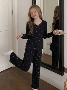 DAZY 少女蝴蝶結印花對比蕾絲飾邊睡衣套裝 秋季 - 黑色 - 查看 3