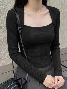 DAZY Square Neck Ribbed Knit Tee - Black - View 8