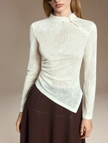Ontre Mandarin Collar Solid Top - Apricot - View 5