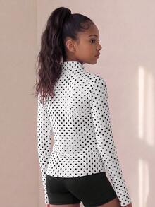 SHEIN Tween Girl Polka Dot Print Zip Up Sports Jacket - Black and White - View 3