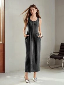 MOTF Vestido de mezclilla sin mangas con cremallera - Negro - Ver 7