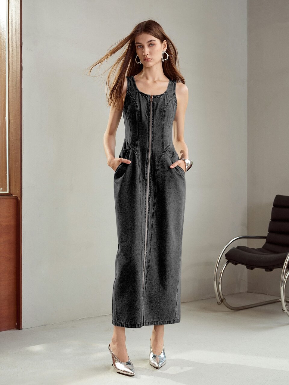 MOTF ZIP UP SLEEVELESS DENIM DRESS