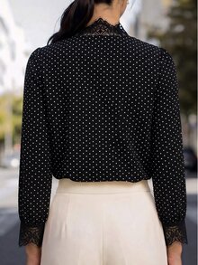 SHEIN Polka Dot Print Guipure Lace Trim Blouse - Black and White - View 2