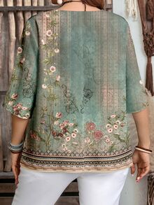 EMERY ROSE Blusa de talla grande con estampado floral y cuello con muesca - Verde - Ver 2