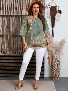 EMERY ROSE Blusa de talla grande con estampado floral y cuello con muesca - Verde - Ver 5