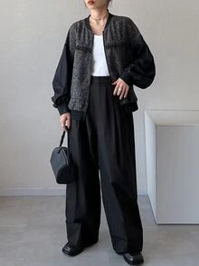 FRIFUL Gray Print Drop Shoulder Bomber Jacket Office Business Autumn Casual Elegant - Grey - View 3