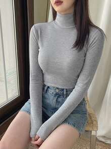DAZY Solid High Neck Ribbed Knit Slim Fit Tee - Grey - View 3