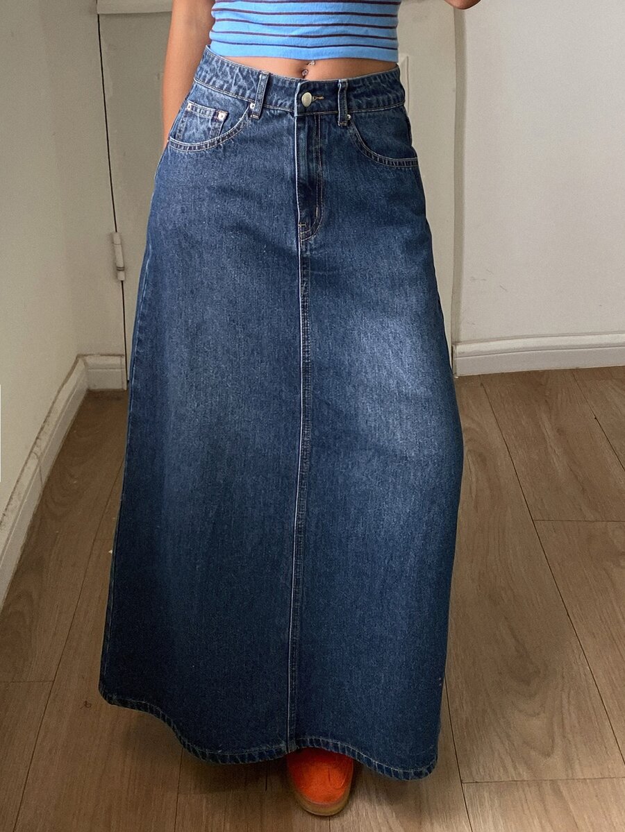 DAZY Solid Slant Pocket Denim Skirt Vacation - Blue - View 1