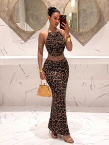 Slaydiva Leopard Print Crop Halter Top & Mermaid Hem Skirt - Multicolor - View 1