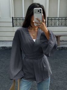 Siren Gaze Solid Drop Shoulder Lantern Sleeve Button Front Blouse - Navy Blue - View 5