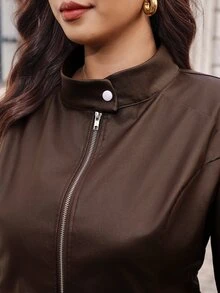 Reflora Plus Zip Up PU Leather Coat Winter - Brown - View 4
