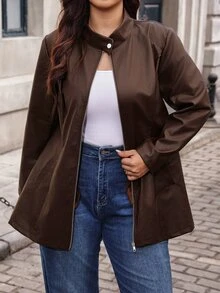 Reflora Plus Zip Up PU Leather Coat Winter - Brown - View 6