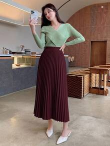 DAZY Falda plisada de línea A de unicolor - Café integral - Ver 5