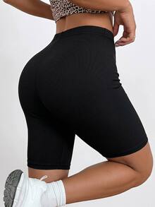 SHEIN EZwear 大尺碼 3件組 素色羅紋針織單車短褲 - 黑色 - 查看 2