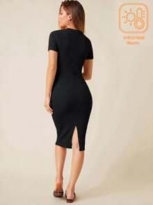 SHEIN BASICS Women's Solid Color Round Neck Short Sleeve Fitted Elegant Basic Dress Fall Outfits For Women Office Black Warm - Black - View 2