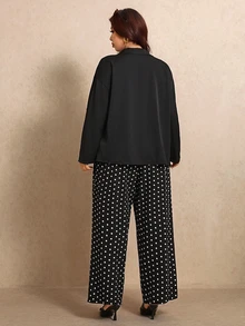 Elaquor Plus Solid Button Front Shirt & Polka Dot Wide Leg Pants - Black and White - View 2