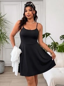 Solflare Plus Solid Cami Dress Tie Front Mesh Top Brunch Baggy Smart Birthday Date Night Office Formal Casual Soft Form Modest Vacation White Black Autumn - Black and White - View 5