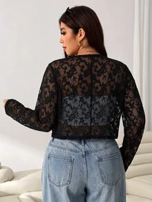 Solflare Plus Open Front Sheer Lace Crop Jacket Without Cami Top Fall - Black and White - View 8