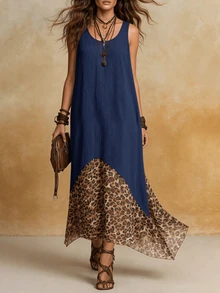 Solivie Contrast Leopard Print Ruffle Hem Tank Dress - Navy Blue - View 6