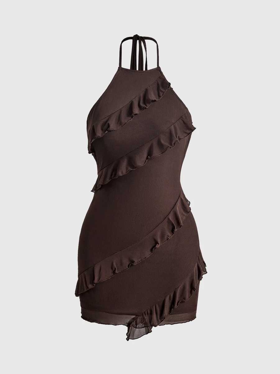 ROMWE Avant Solid Ruffle Trim Tie Backless Halter Dress - Brown - View 1