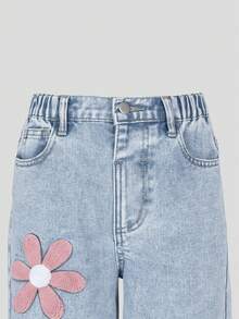 SHEIN ChillGRL Tween Girl Floral Patched Wide Leg Jeans - Blue - View 3