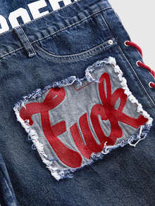 ROMWE Avant Plus Letter Graphic Ripped Raw Hem Denim Shorts Concert Club Blue Anti Social Baggy - Blue - View 4
