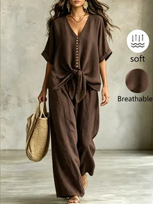 Linhara CURVE Plus Batwing Sleeve Knot Hem Top & Wide Leg Pants - Brown - View 1