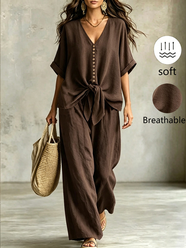 Linhara CURVE Plus Batwing Sleeve Knot Hem Top & Wide Leg Pants
