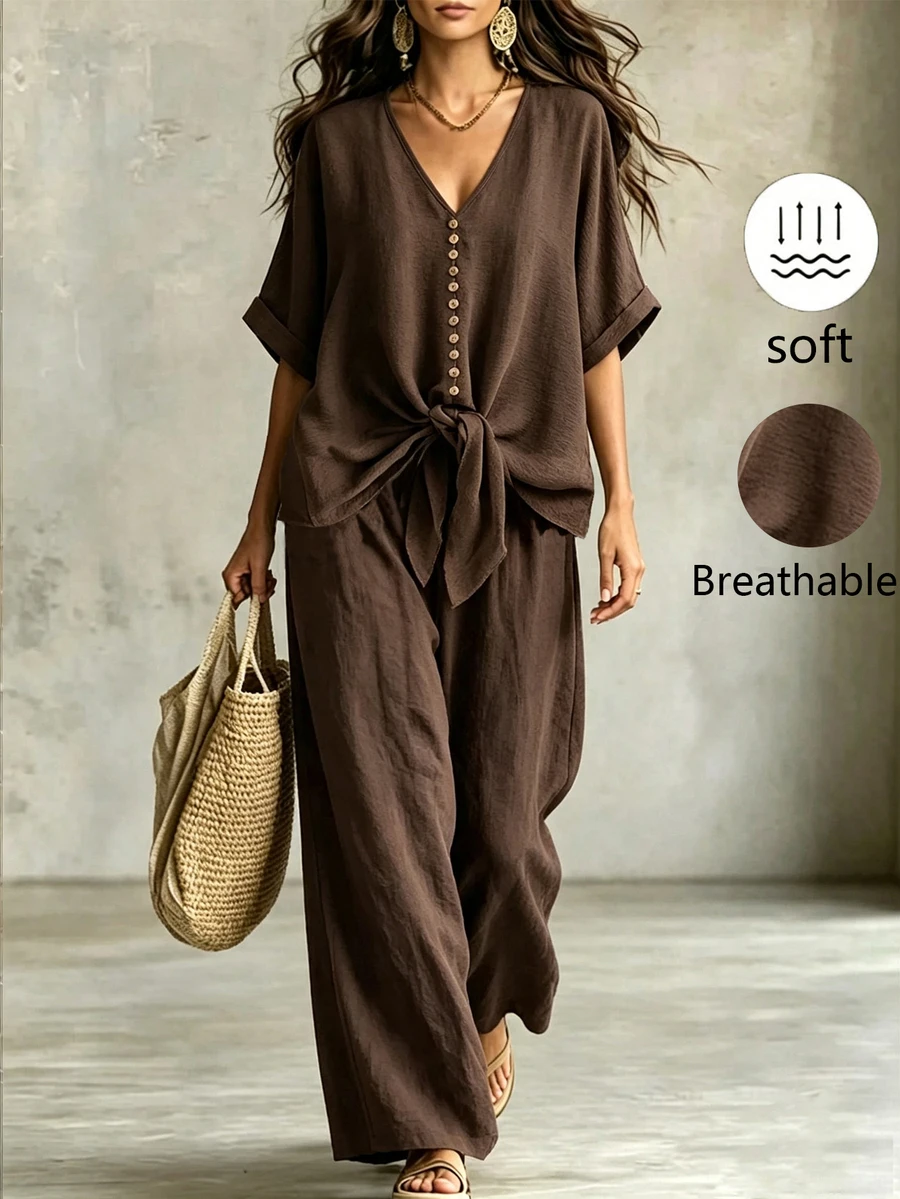 Linhara CURVE Plus Batwing Sleeve Knot Hem Top & Wide Leg Pants - Brown - View 1