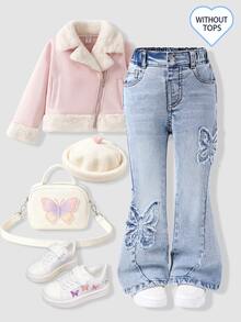 SHEIN Genkimix Kids 少女蝴蝶刺繡喇叭腿牛仔褲 - 淺色水洗藍 - 查看 4