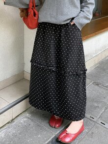 DAZY Polka Dot Print Frill Trim Denim Skirt Fall - Black - View 5