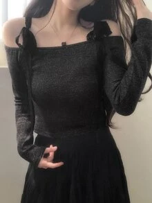 DAZY Solid Tie Shoulder Long Sleeve Tee Fall Vacation - Black - View 2