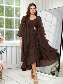 Reflora Vestido de tirantes con detalle de strass & Abrigo de frente abierto - Café integral - Ver 6