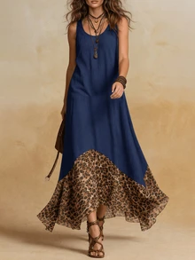 Solivie Contrast Leopard Print Ruffle Hem Tank Dress - Navy Blue - View 5