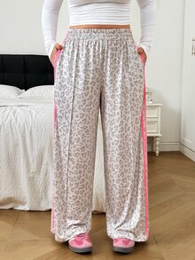 SHEIN EZwear Plus Leopard Print Contrast Side Seam Wide Leg Sweatpants - Multicolor - View 6