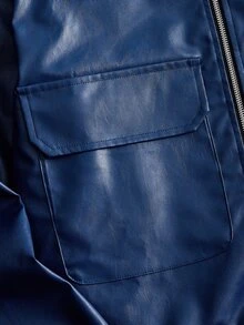 ROMWE MEN Street Life Men Flap Pocket PU Leather Jacket - Blue - View 5